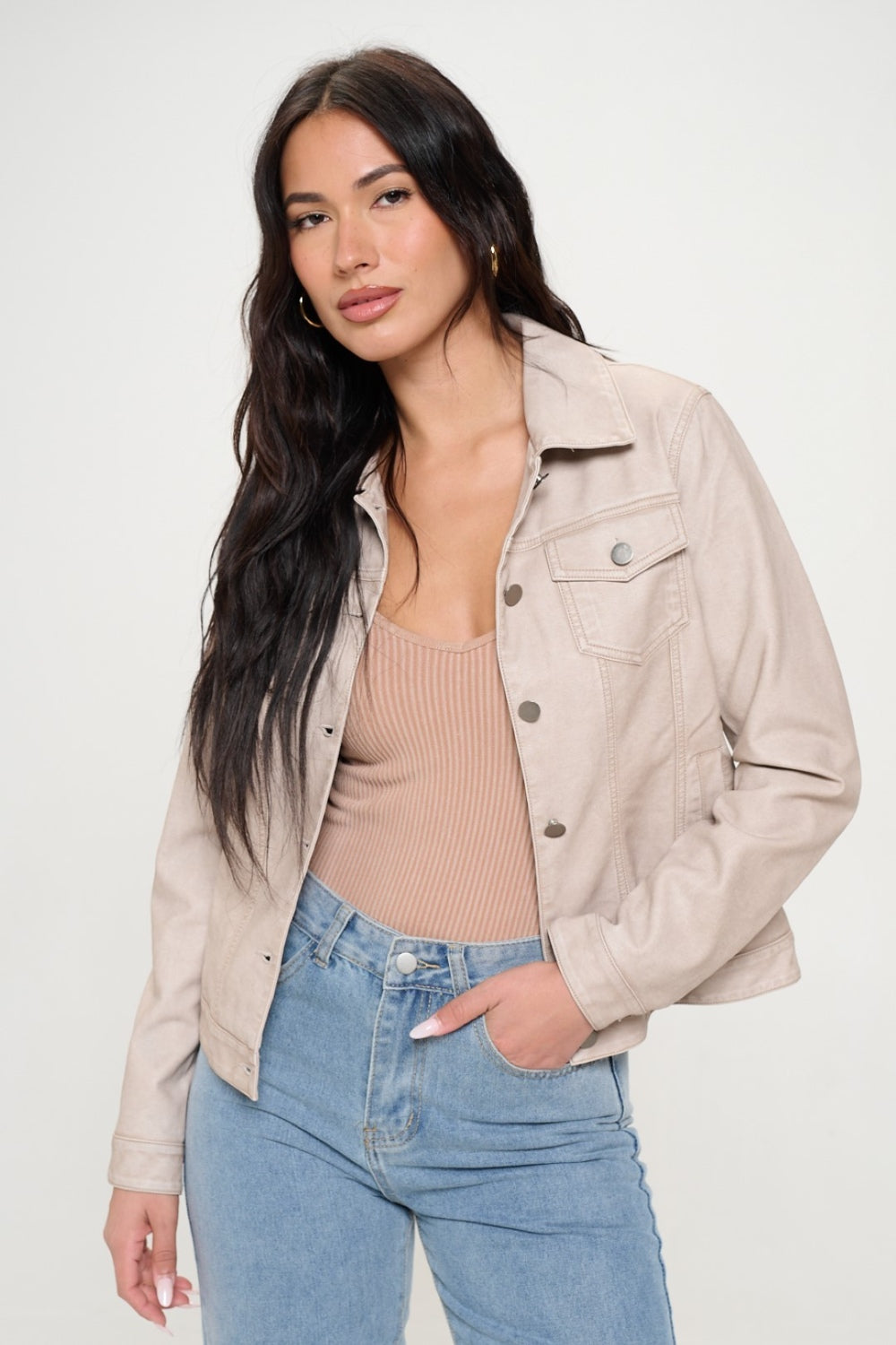 Cream Coalition La Button Down Cargo Vegan Leather Shacket