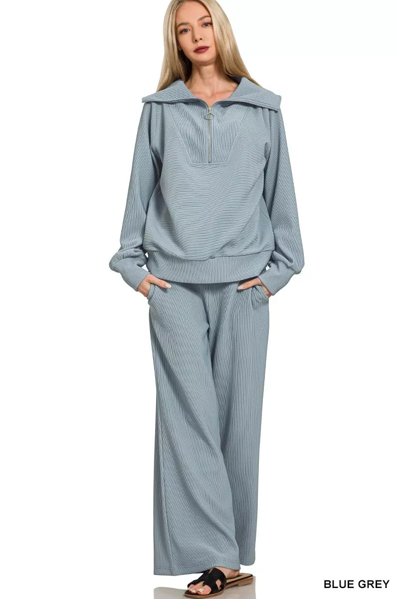 Blue Grey Zenana Ribbed High Neck Half Zip Pullover Pants Set