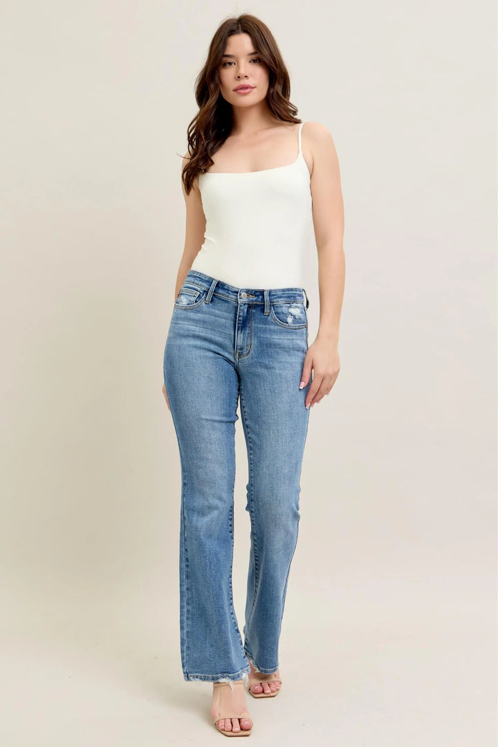 Md Judy Blue Full Size Mid Rise Wash Destroy Hem Bootcut Jeans Plus Size