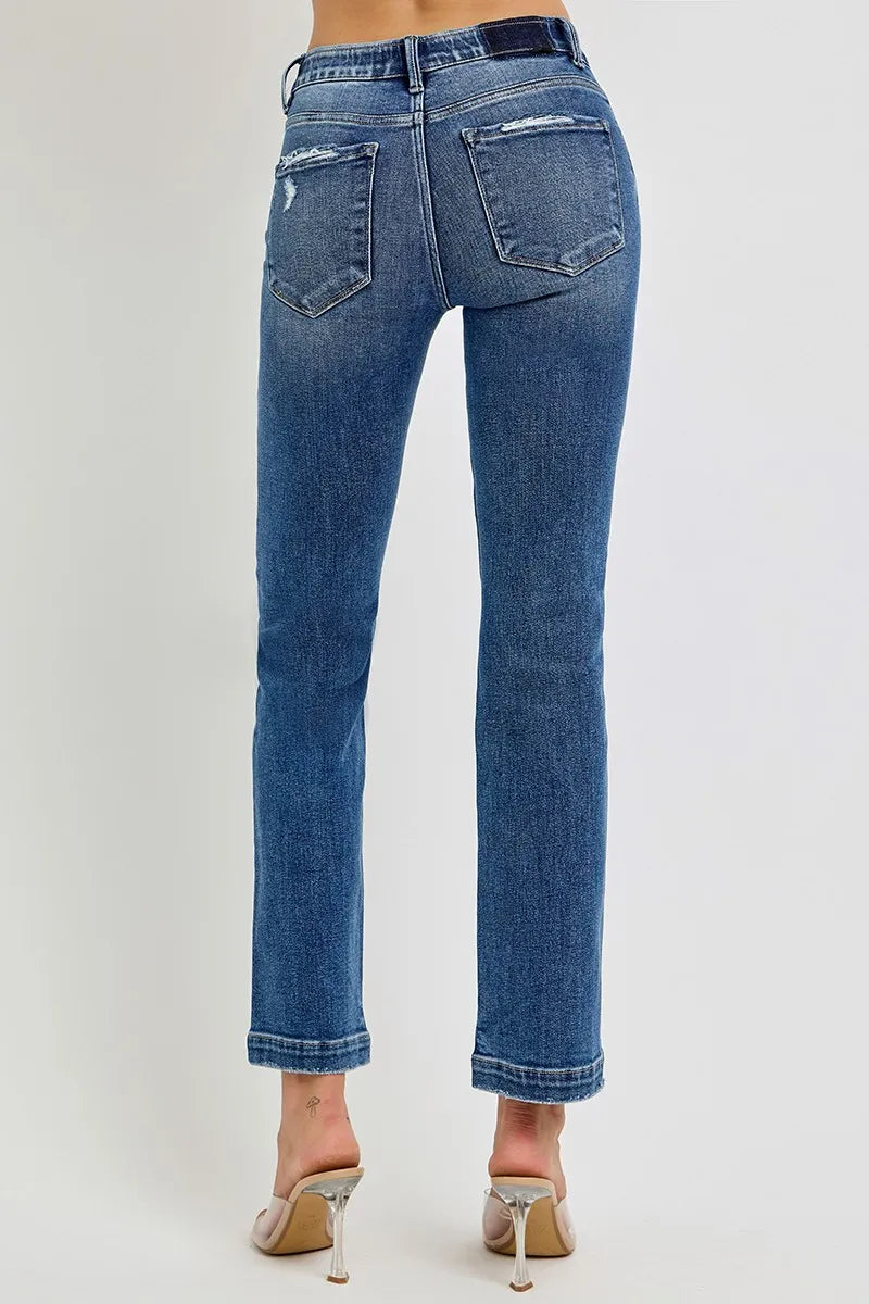 Dark Risen Full Size Tummy Control Elastic Band Mid Rise Straight Jeans Plus Size