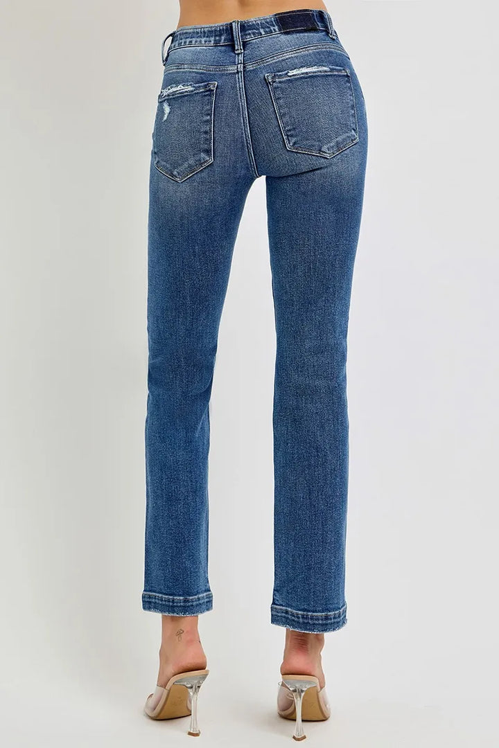 Dark Risen Full Size Tummy Control Elastic Band Mid Rise Straight Jeans Plus Size