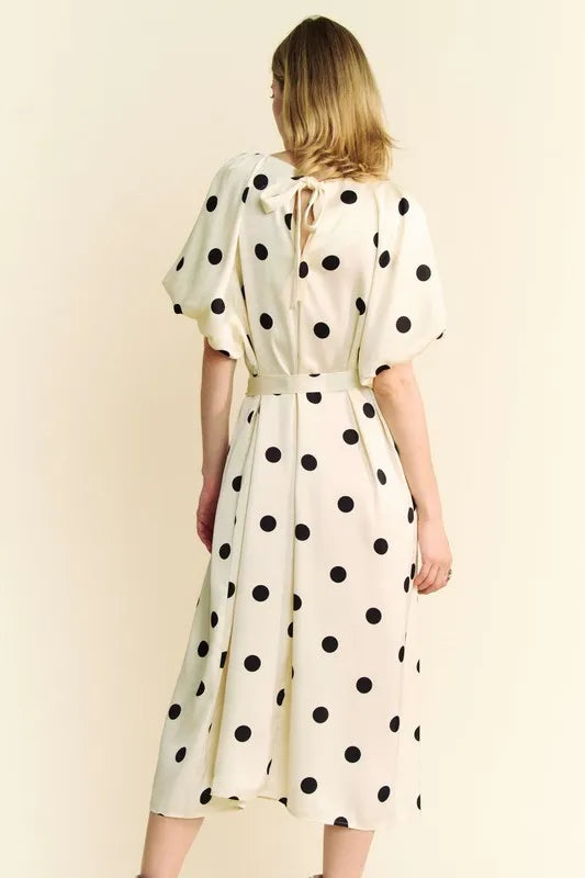 Davi Dani Polka Dot Puff Sleeves Waist Tie Midi Dress