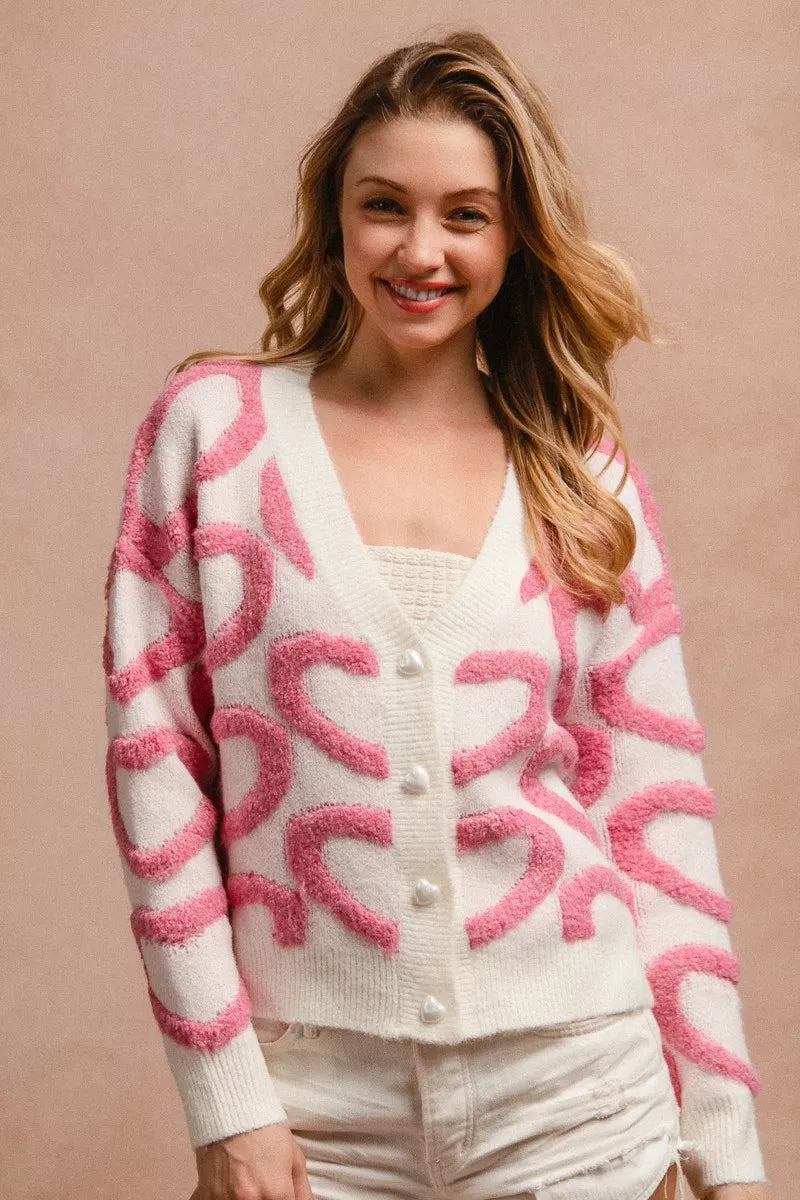 Pink Bibi Textured Heart Buttoned V Neck Cardigan