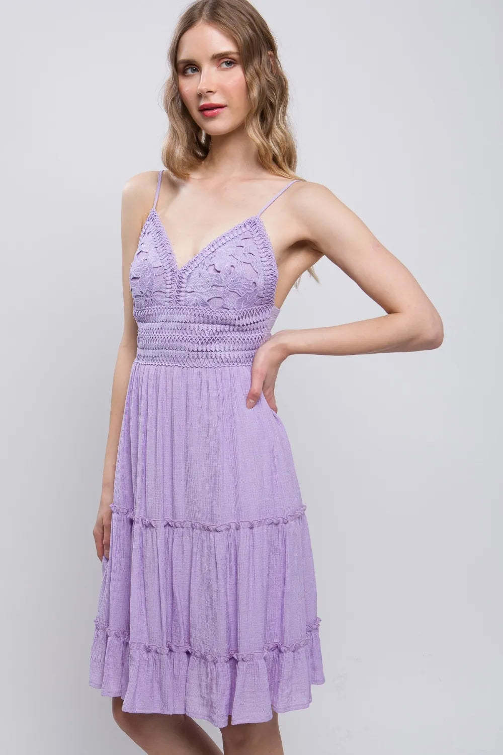 Lavender Love Tree Lace Detail Tied V Neck Mini Cami Dress