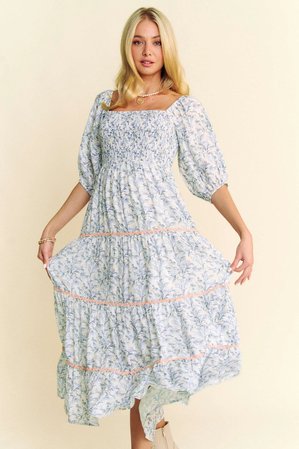 Blue Davi Dani Contrast Ric Smocking Bodice Tiered Midi Dress