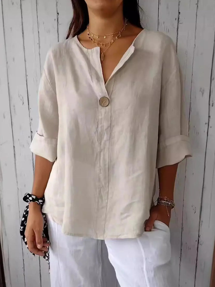 Apricot Full Size Linen Blend Notched Blouse Plus Size