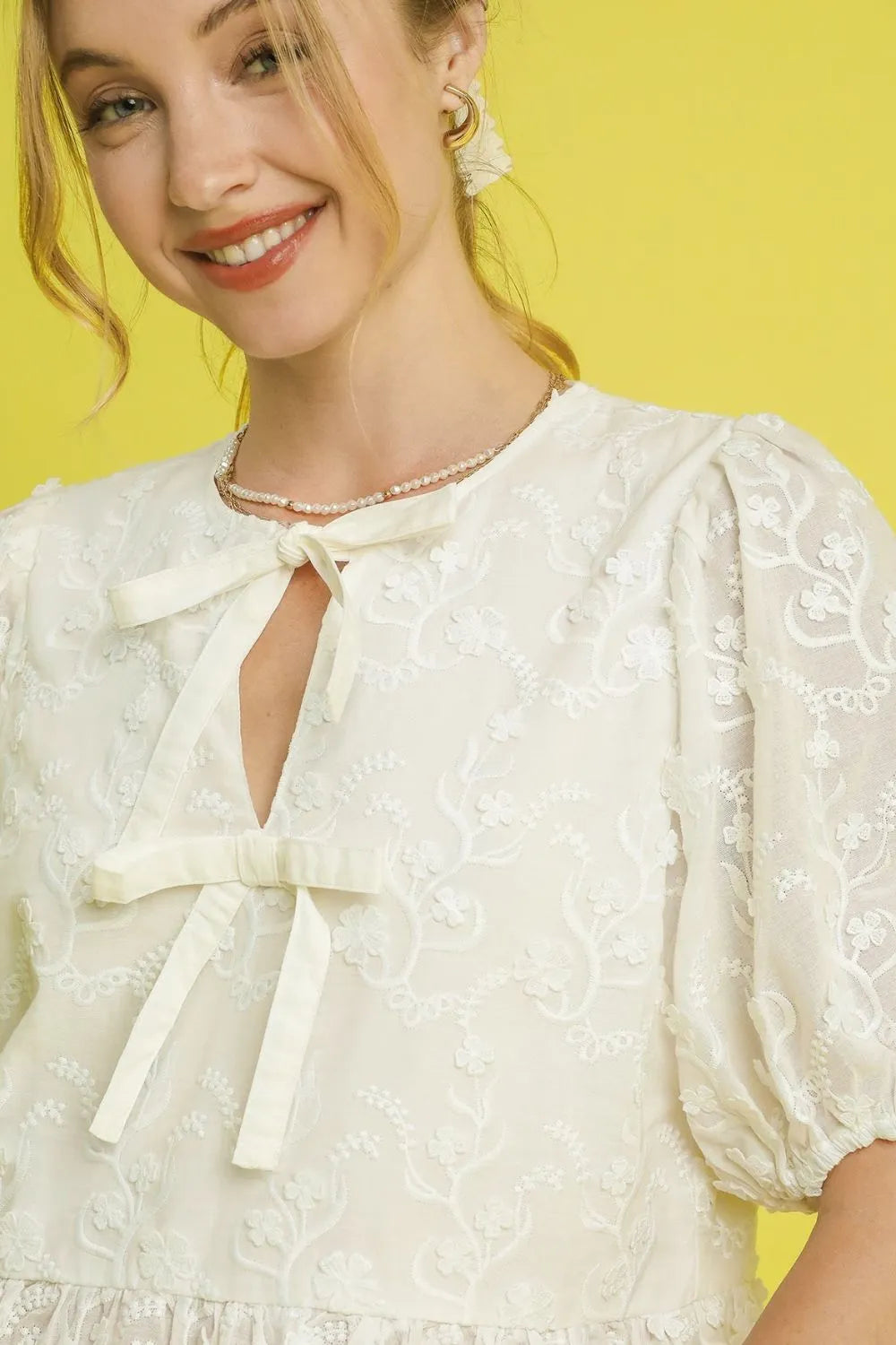 Cream Umgee Embroidered Tie Front Peplum Blouse