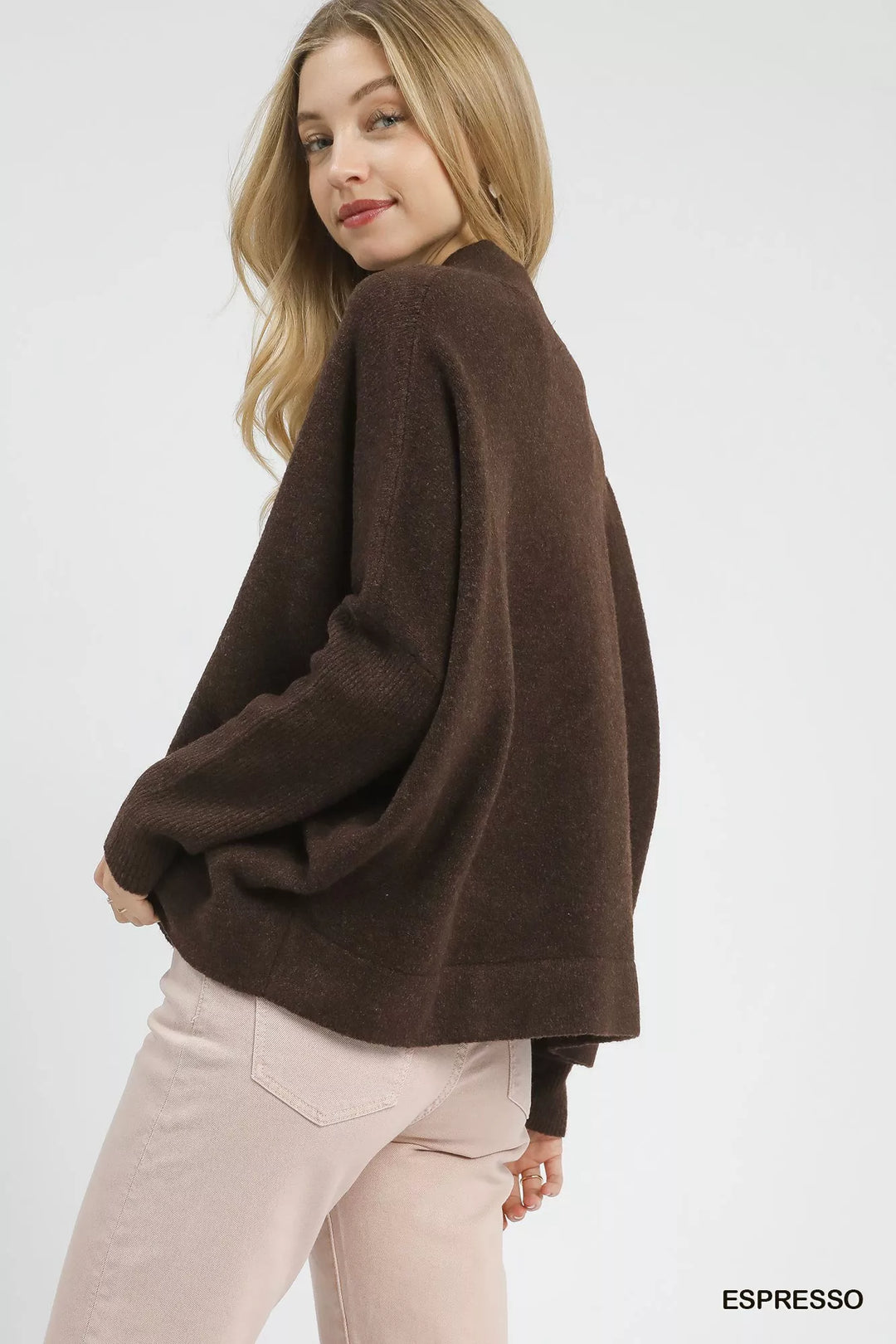 Espresso Umgee V Neck Sweater With Wide Trim Detail 1