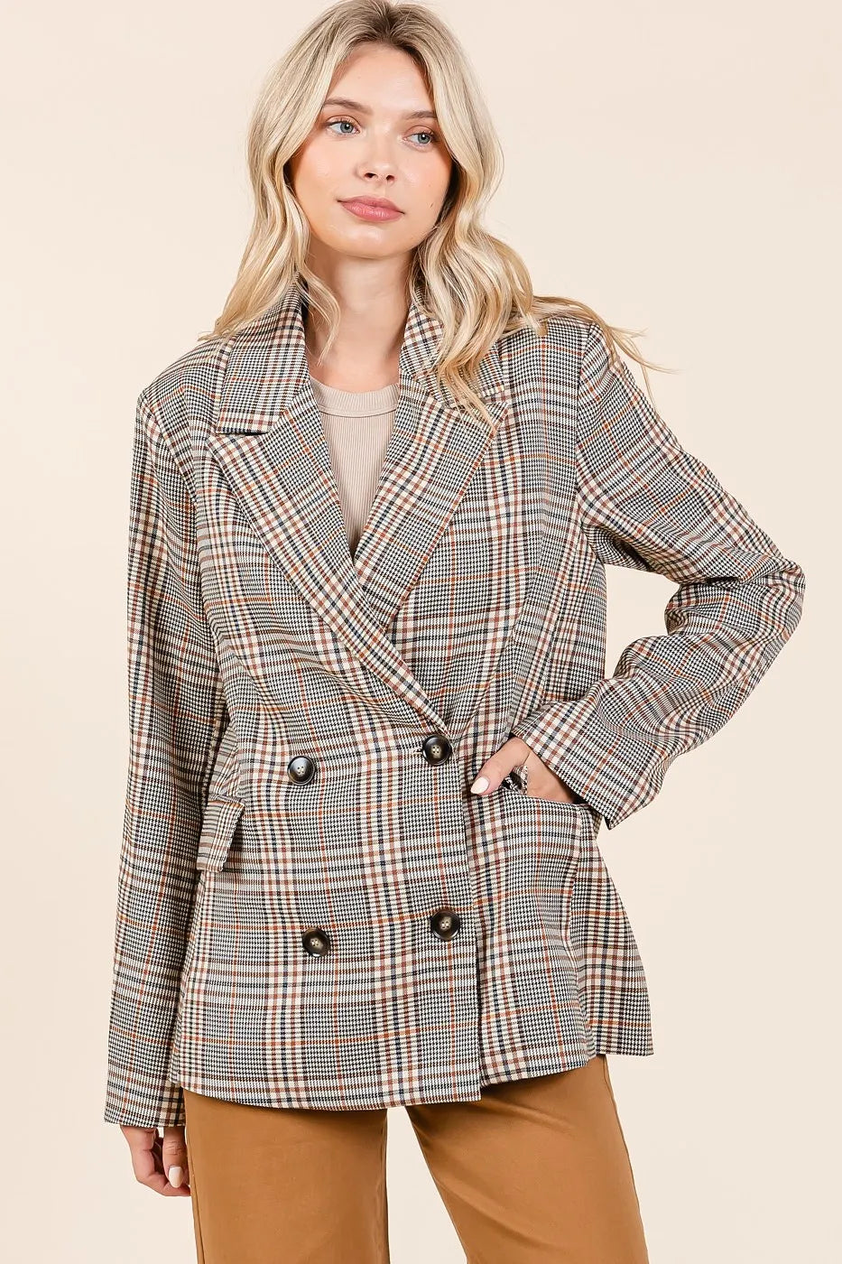 Brown Combo Mittoshop Plaid Double Breasted Relaxed Fit Blazer