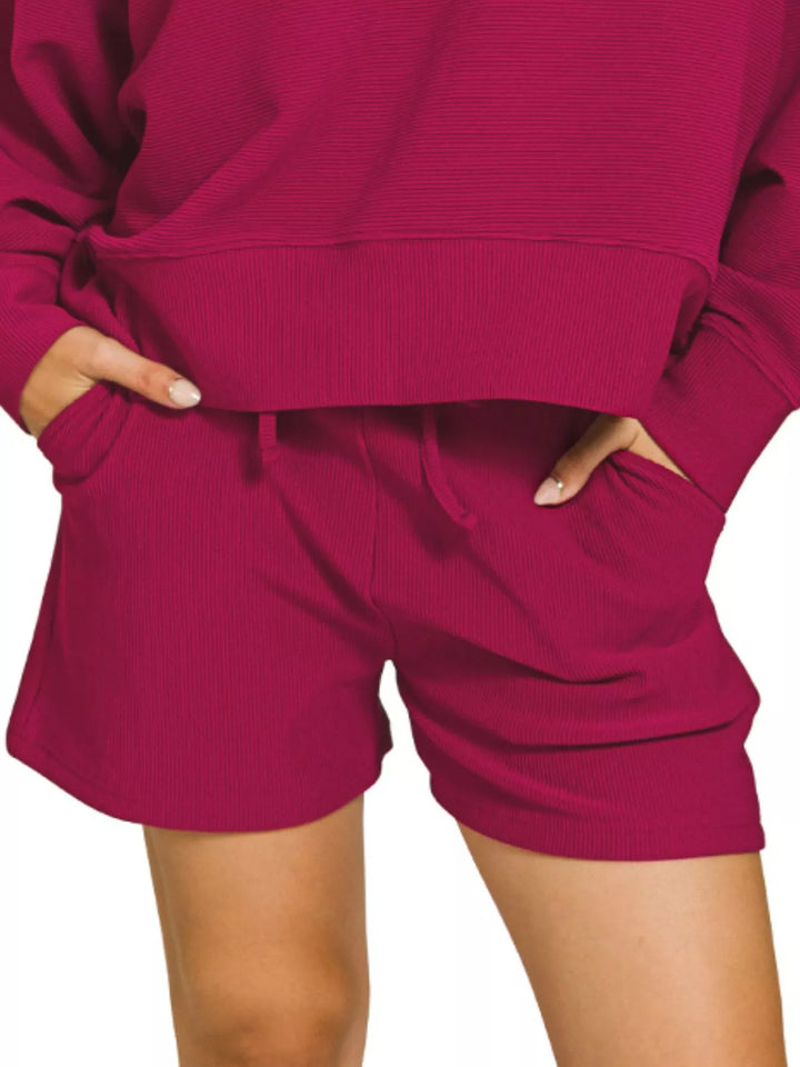 Cabernet Zenana Ribbed Round Neck Pullover And Shorts Set 3