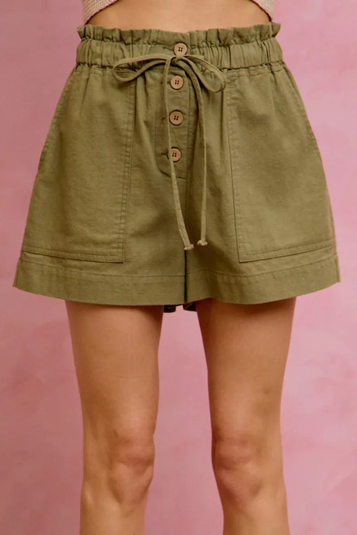 So Me Paper Bag Patch Pocket Drawstring Twill Shorts