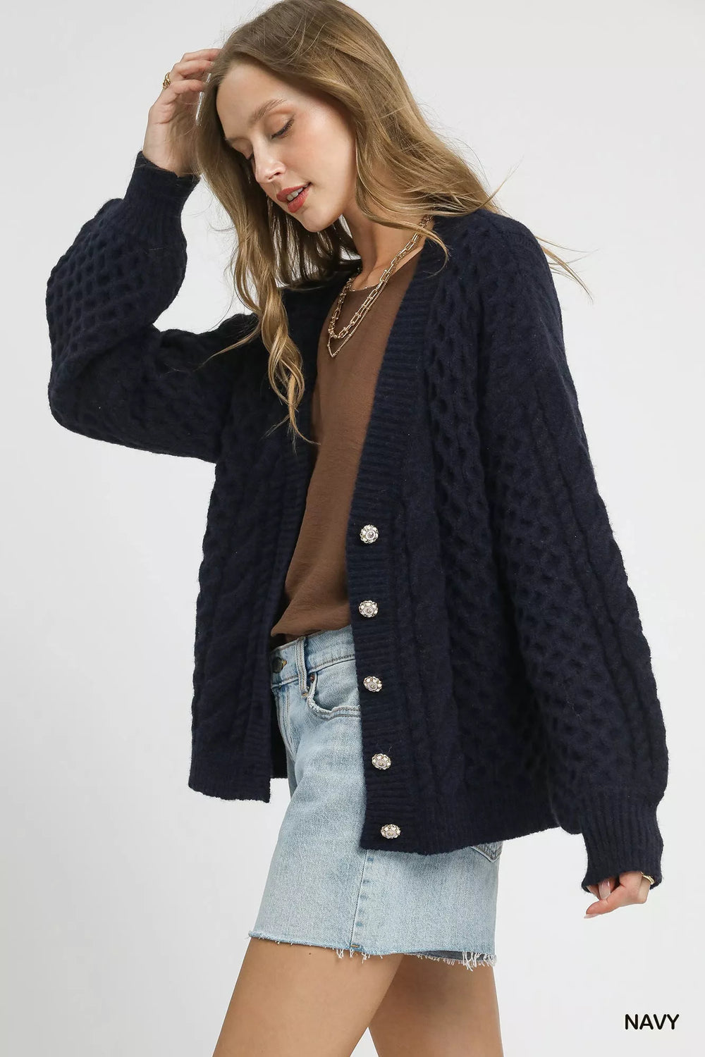 Navy Umgee Cable Knit Pearl Button Cardigan 1