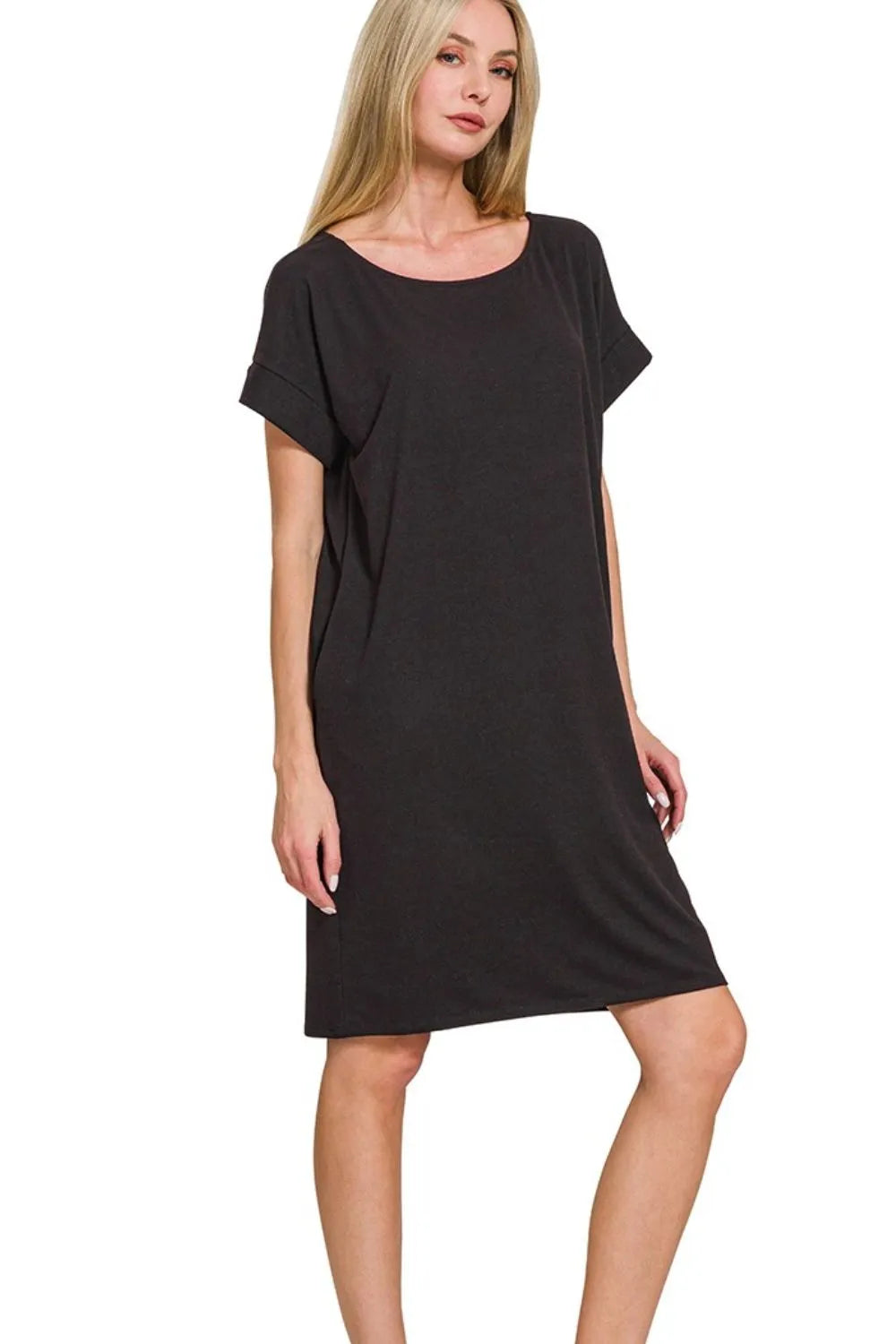 Black Zenana Rolled Short Sleeve Round Neck Dress