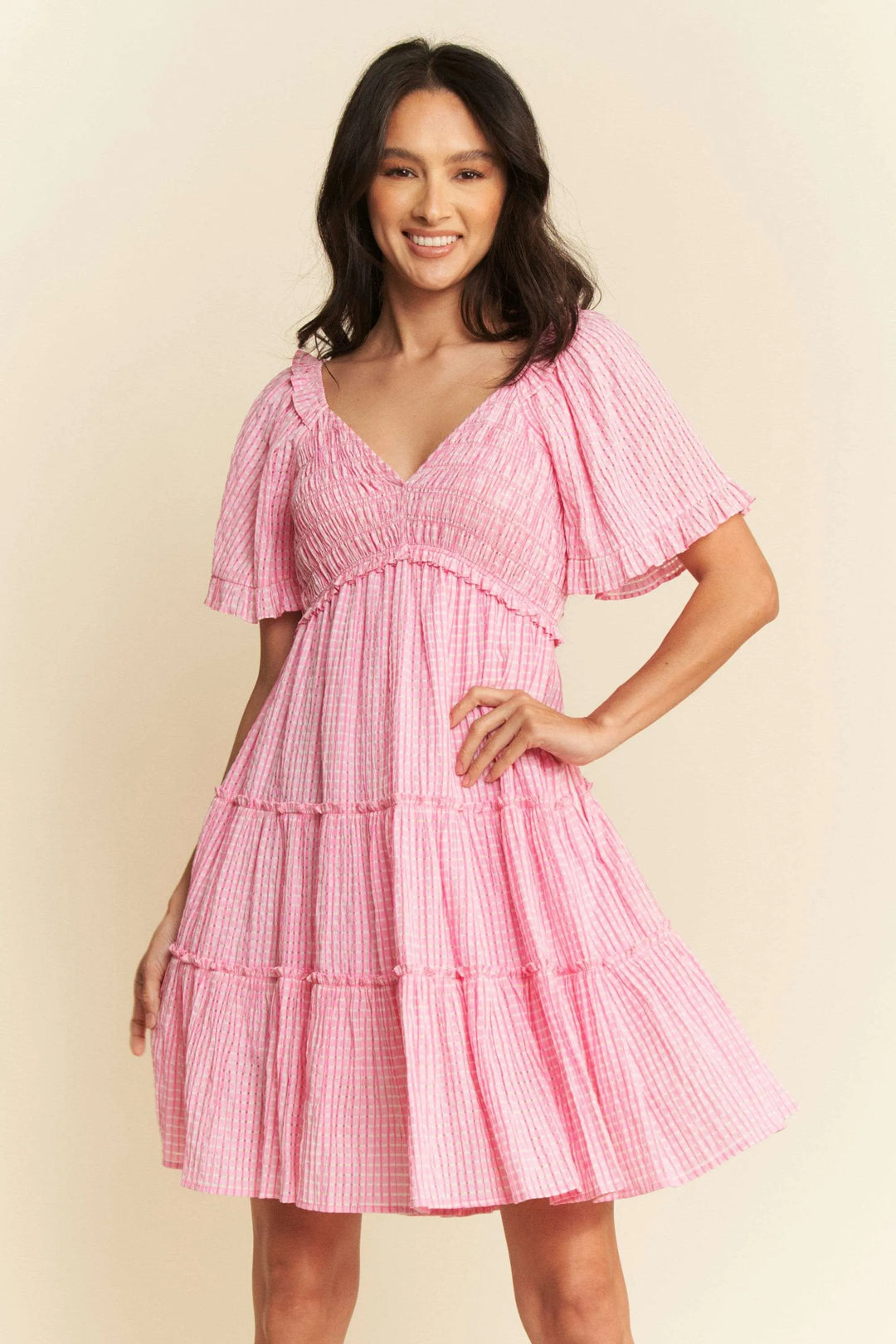 Barbie Pink Davi Dani Jacquard Checker Smocking Tiered Dress