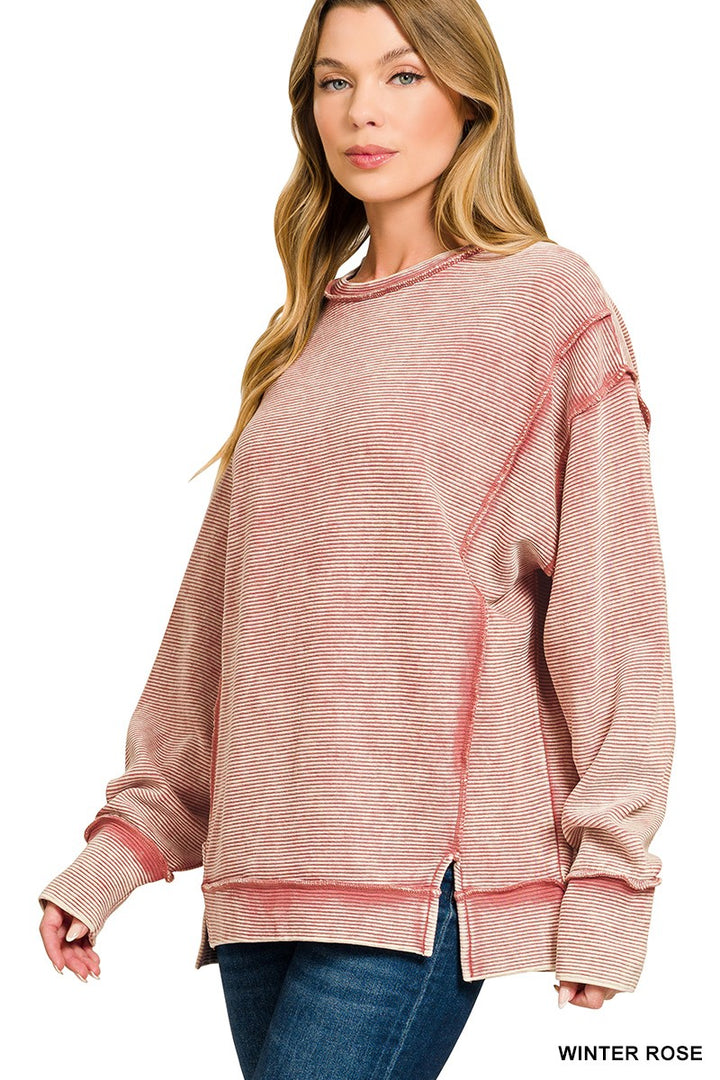 Winter Rose Zenana Acid Washed Double Ribbed Exposed Seam Sweatshirt 4