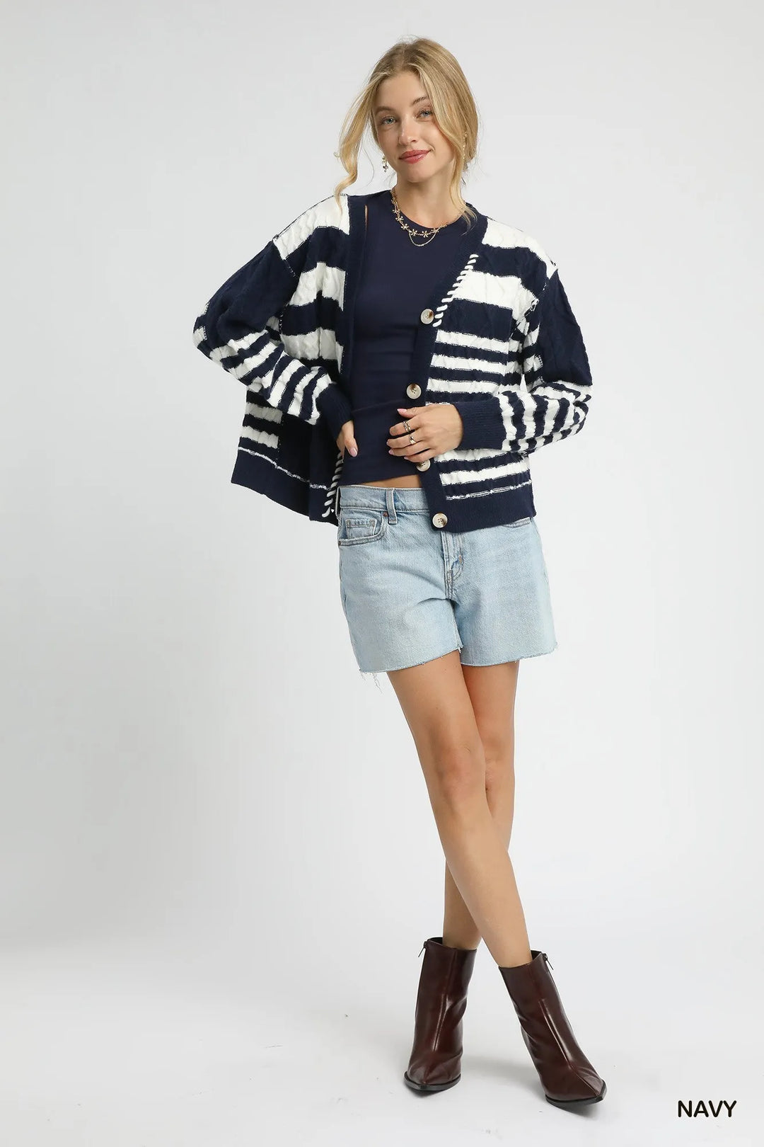 Umgee Cable Knit Stripe Button Up Cardigan 2