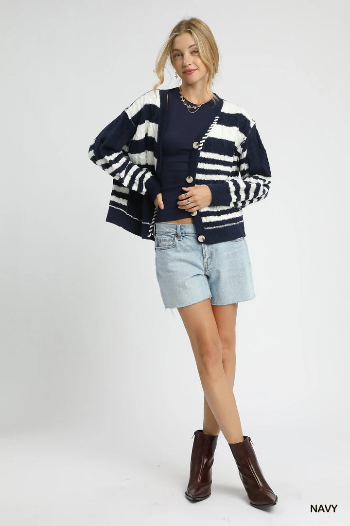 Umgee Cable Knit Stripe Button Up Cardigan 2