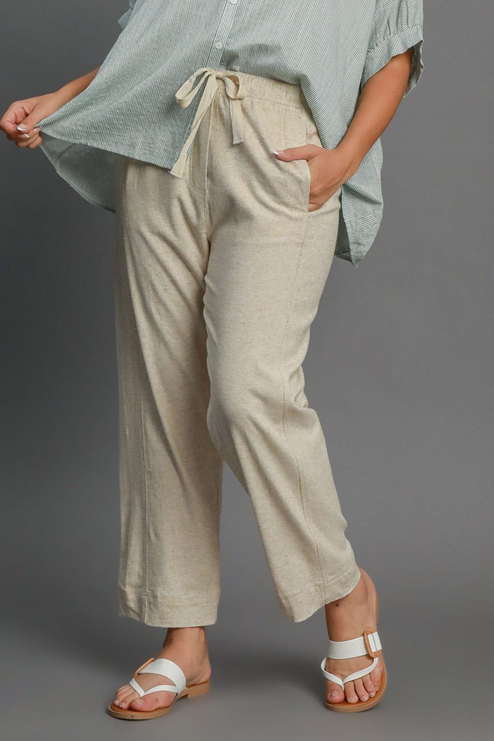 OATMEAL Umgee Full Size Drawstring Elastic Waistband Linen Blend Pants Plus Size