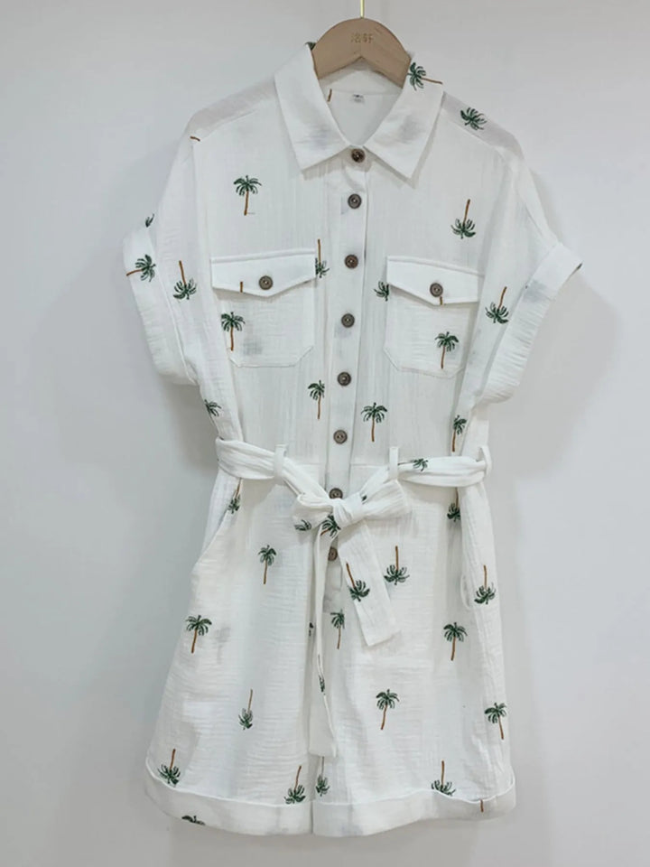 Palm Tree Print Short Sleeve Button Up Romper With Belt