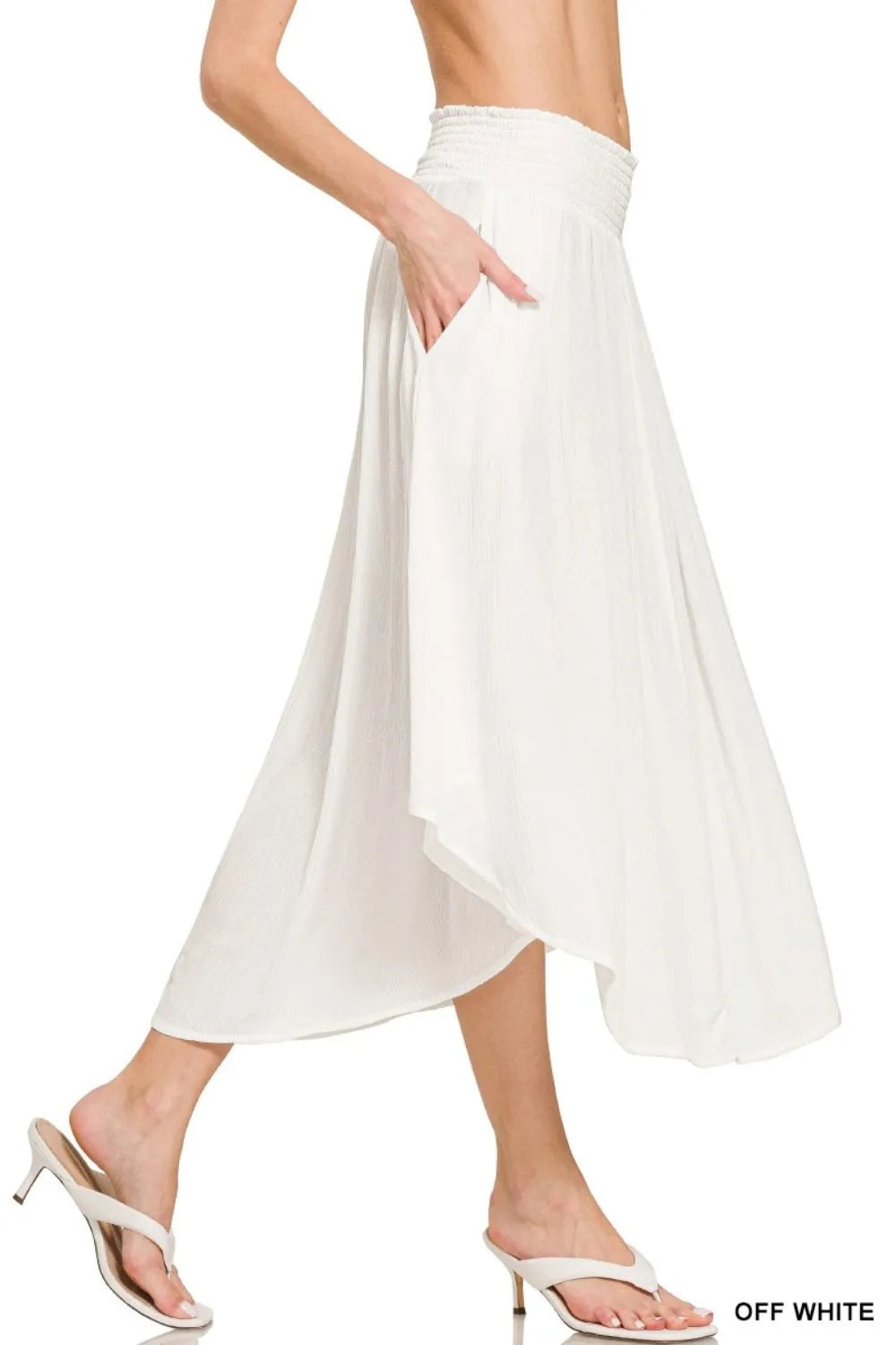 Off White Zenana Woven Crinkle Smocked Waist Maxi Skirt W Pockets 4