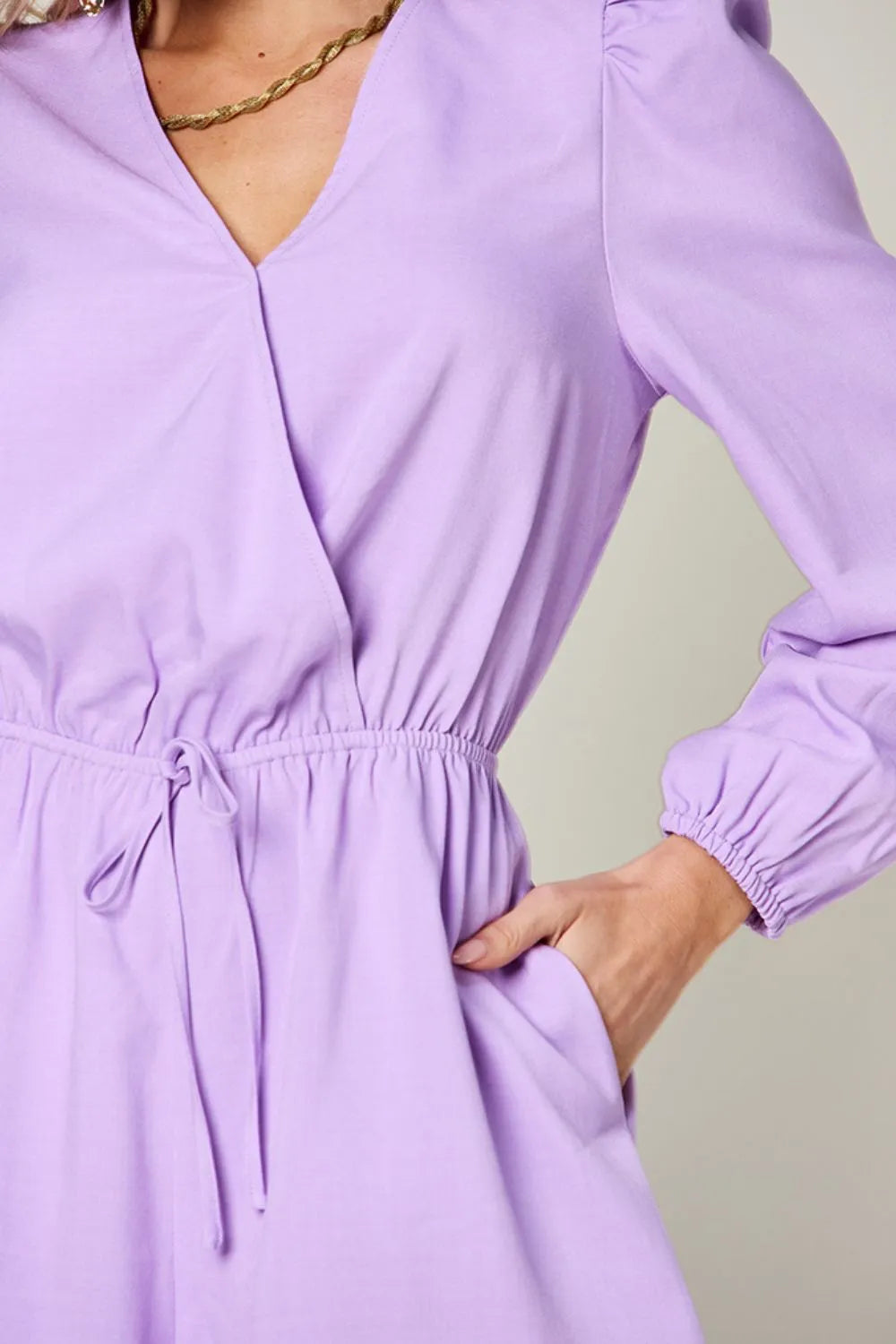 Lavender Double Take Full Size Drawstring Long Sleeve Romper