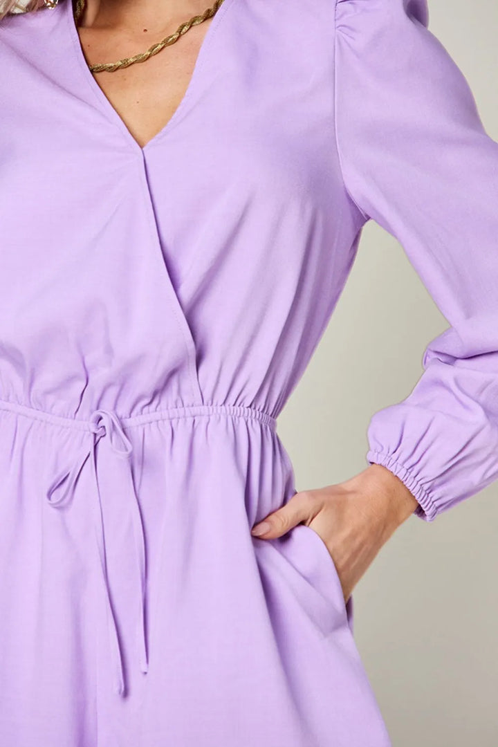 Lavender Double Take Full Size Drawstring Long Sleeve Romper