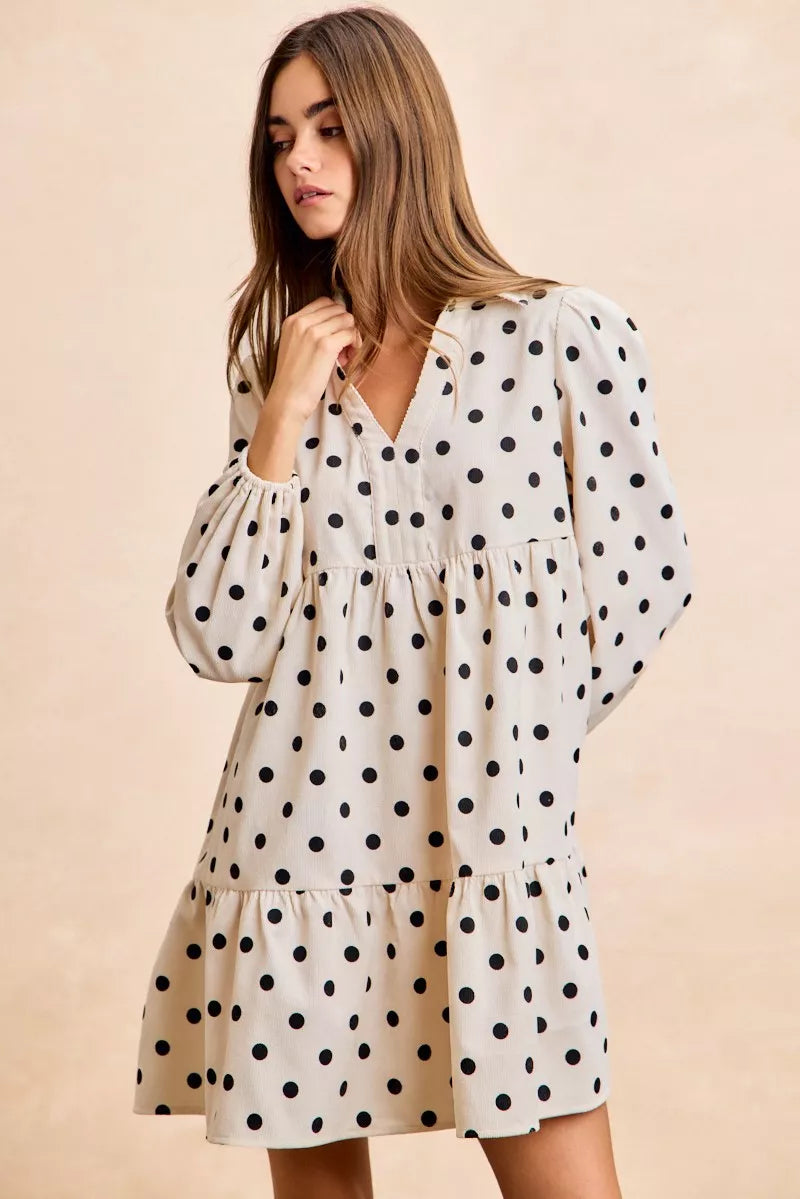 Ivory/Black Bibi Polka Dot Corduroy Collared V Neck Dress