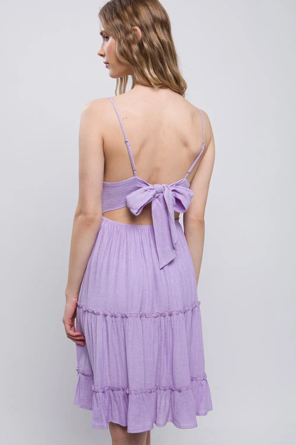 Lavender Love Tree Lace Detail Tied V Neck Mini Cami Dress