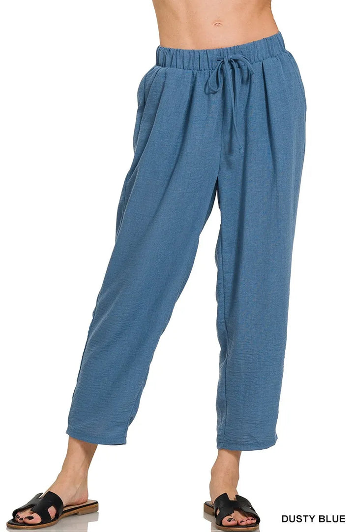 Dusty Blue Zenana Woven Crepe Elastic Band Waist Pants 3