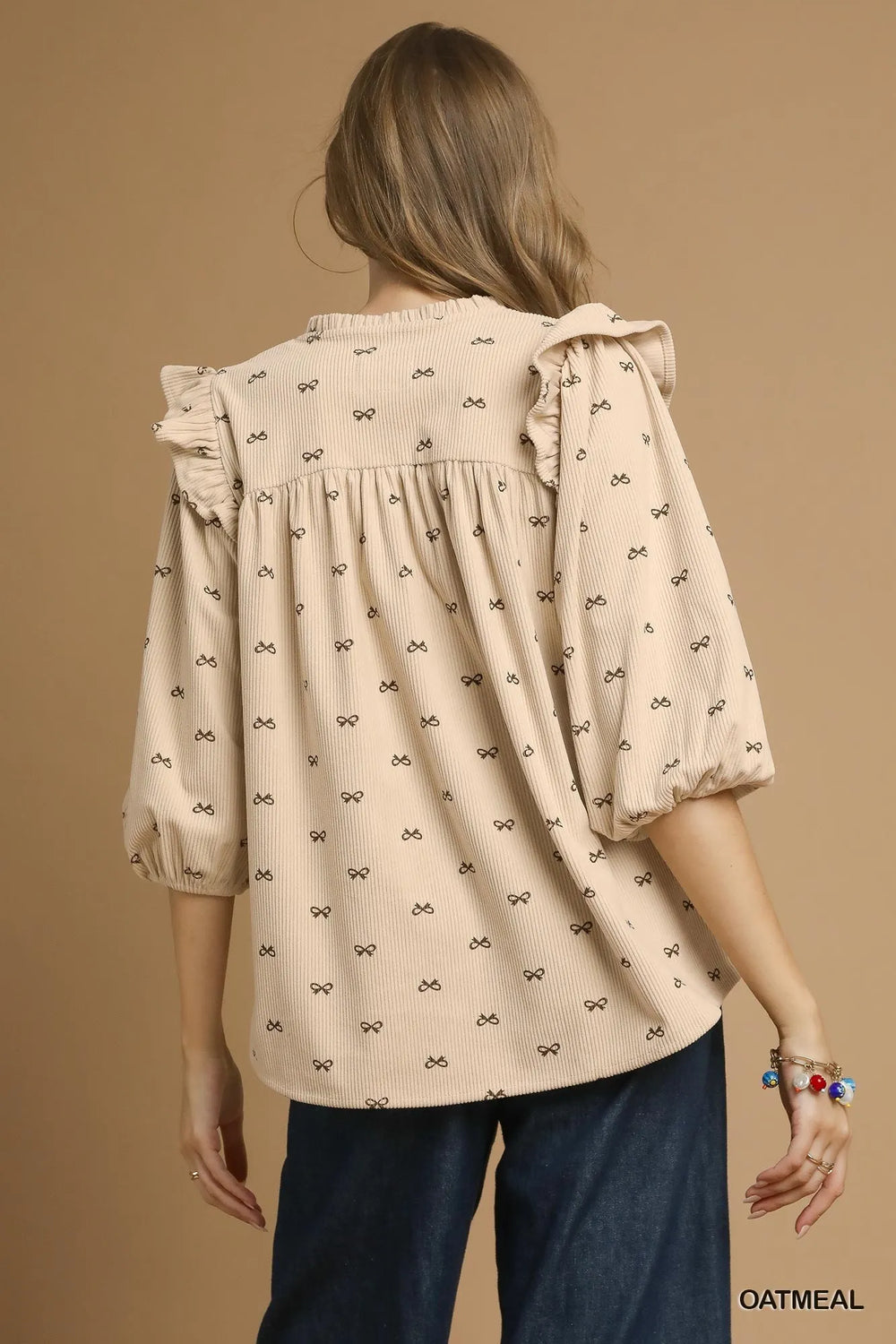 Oatmeal Umgee Bow Print Corduroy Puff Sleeve Blouse With Ruffled