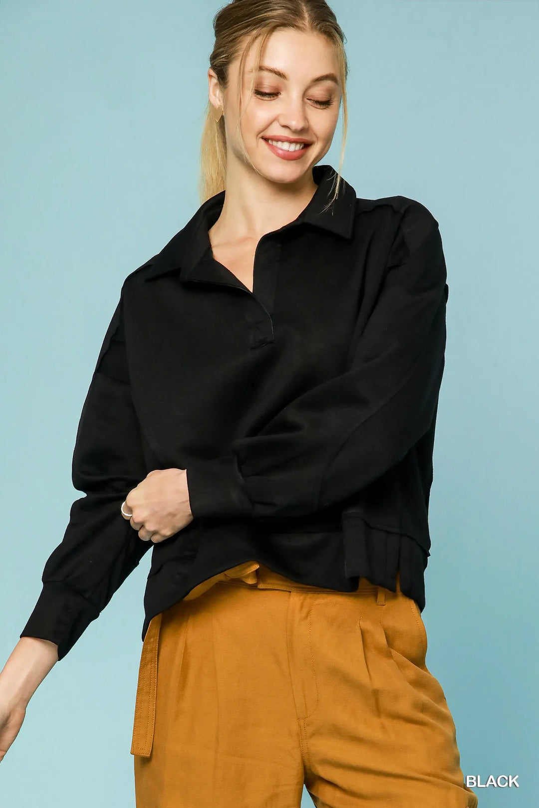 Black Umgee Collared Neck Long Sleeve Top With Raw Hem Detail
