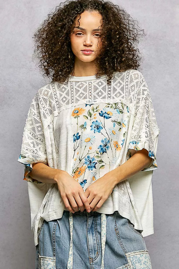 Ivory Pol Floral Patchwork Lace Accent Blouse