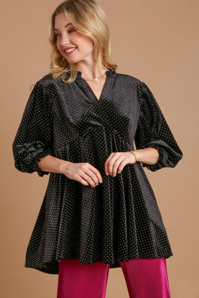 Black Umgee Full Size Beaded Frill Flounce Sleeve Velvet Babydoll Blouse