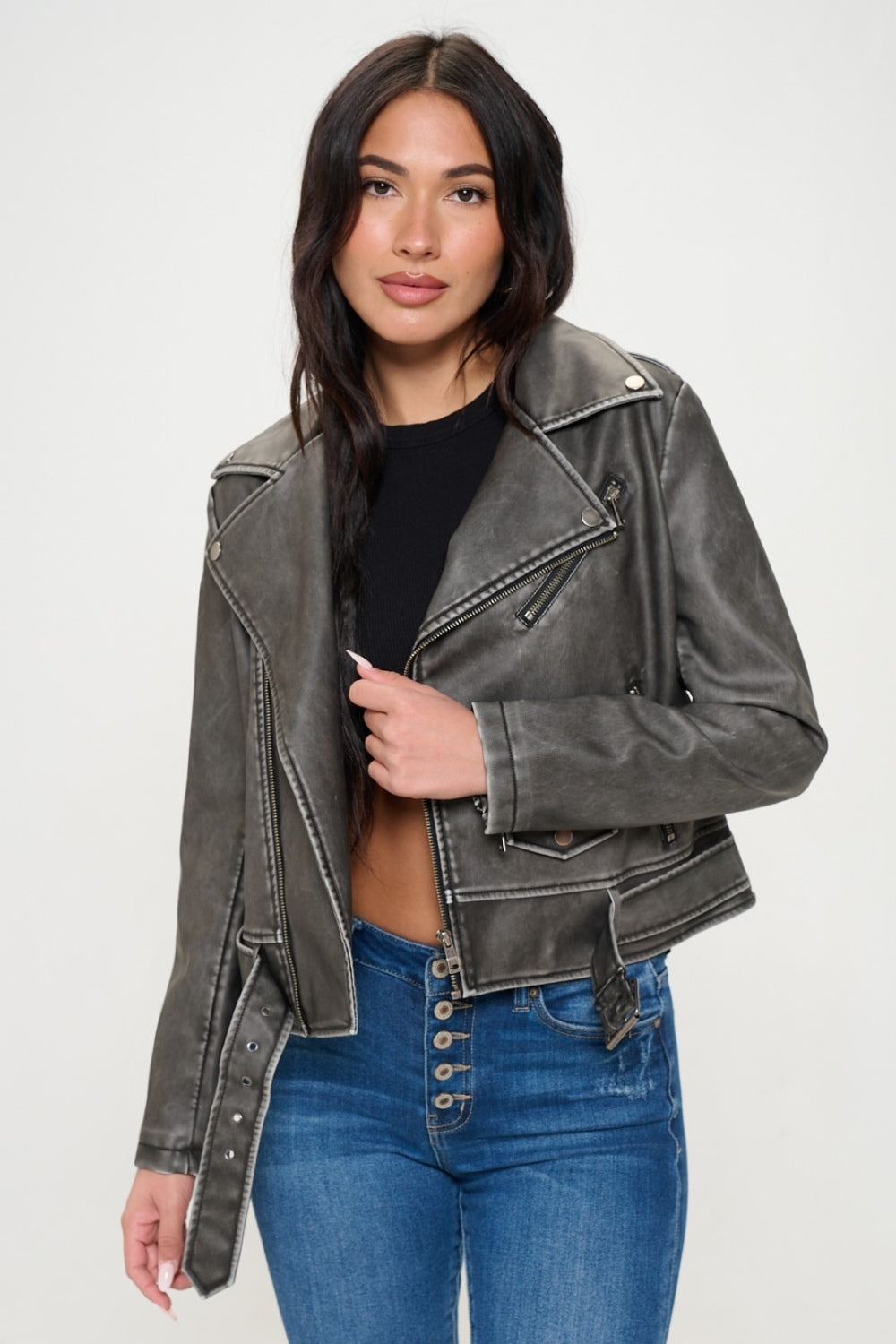 Black Coalition La Zip Up Biker Jacket With Belt 1