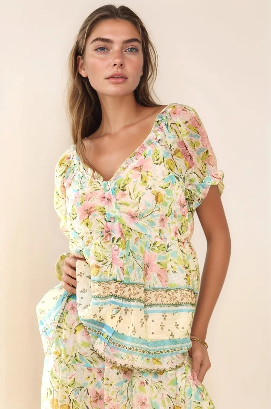 Mint Green Davi Dani Spring Floral Border Print Ruffled Textured Top