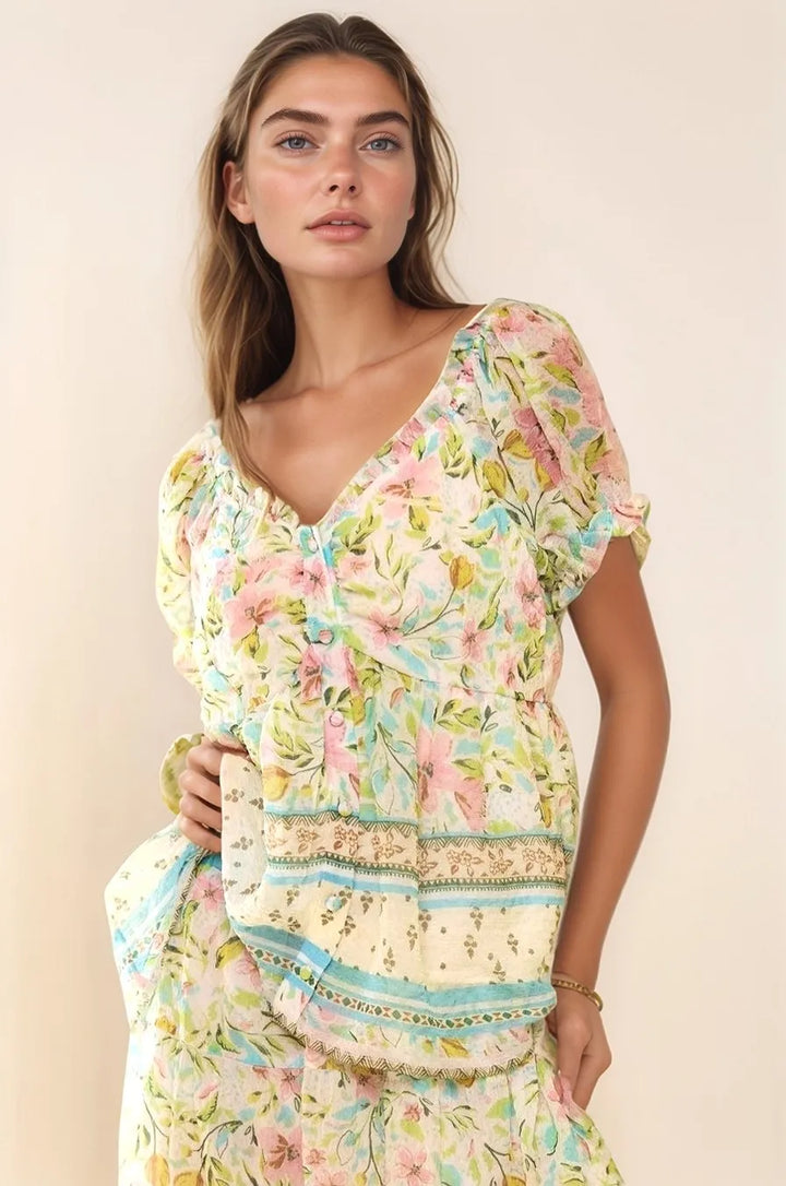 Mint Green Davi Dani Spring Floral Border Print Ruffled Textured Top