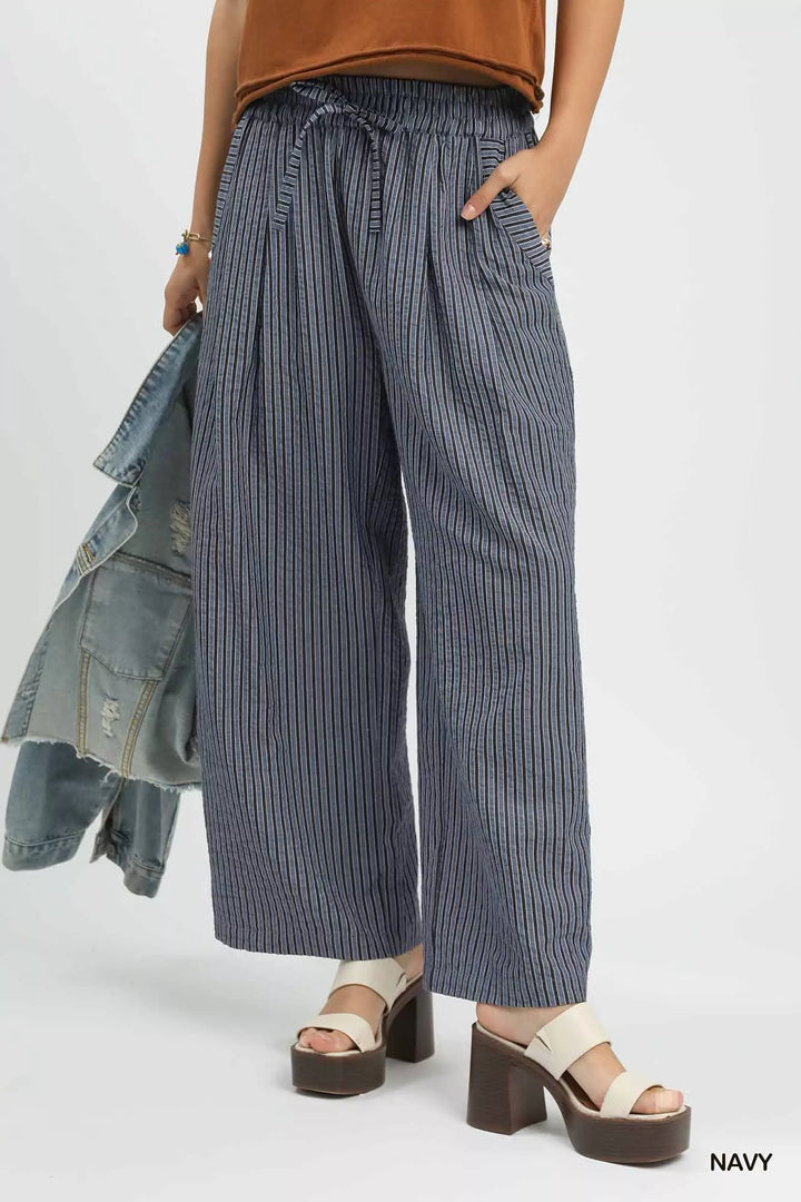 Navy Umgee Drawstring Striped Wide Leg Pants