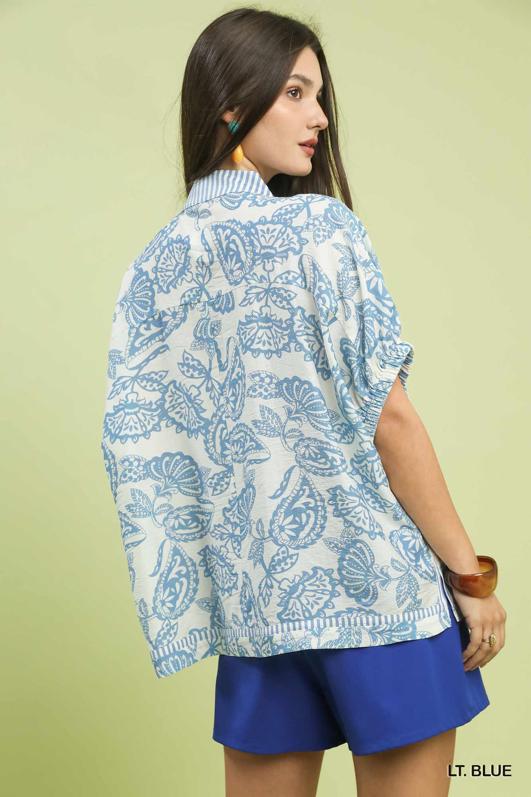 Lt. Blue Umgee Botanical Print Mixed Trim Tunic Top