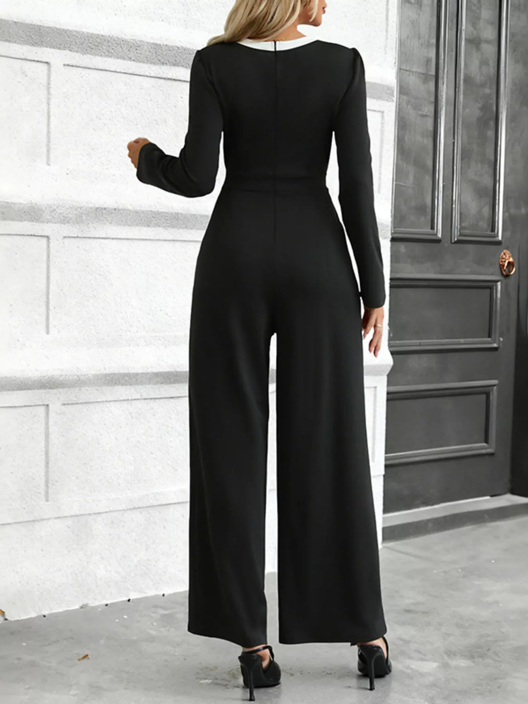 Button Decor Long Sleeve Wide Leg Jumpsuit