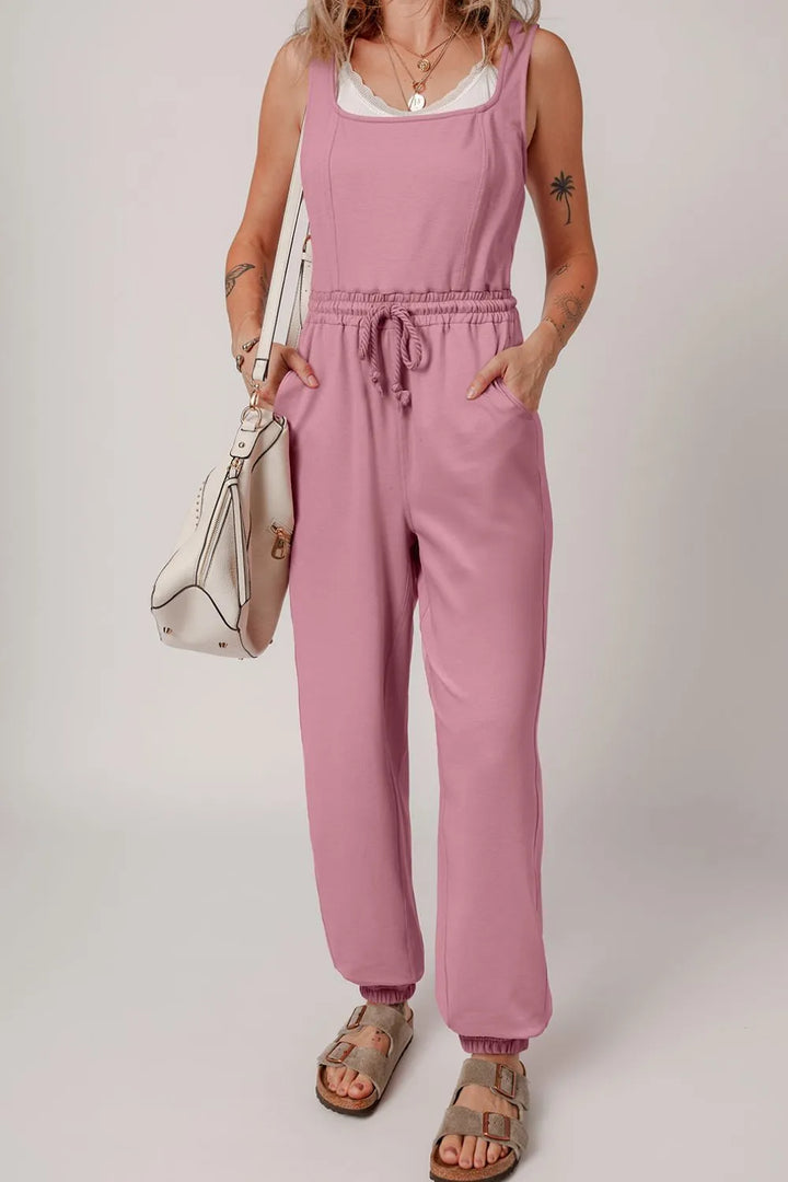 Dusty Pink Elastic Waist Sleeveless Square Neck Jumpsuit