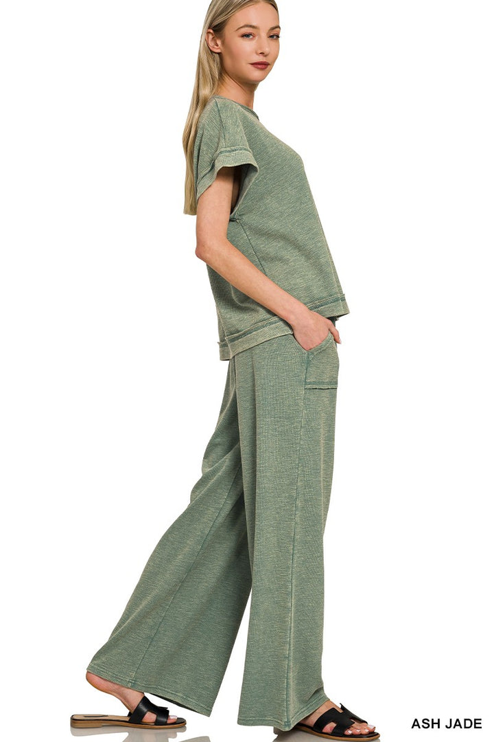 Ash Jade Zenana Washed Slub Short Sleeve Tee Long Pants Set 1