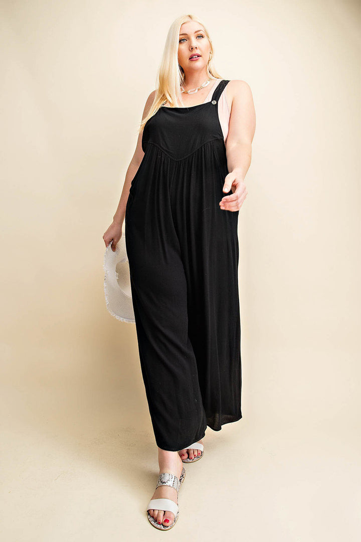 Black Kori America Full Size Sleeveless Ruched Wide Leg Overalls