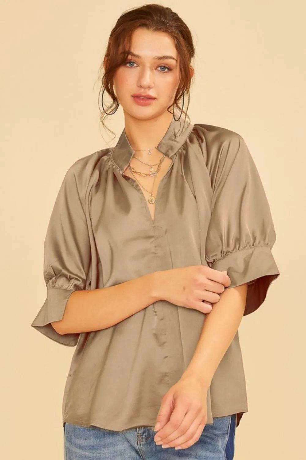 Mocha Annie Wear Satin V Neck Open Short Sleeve Woven Blouse Top 1