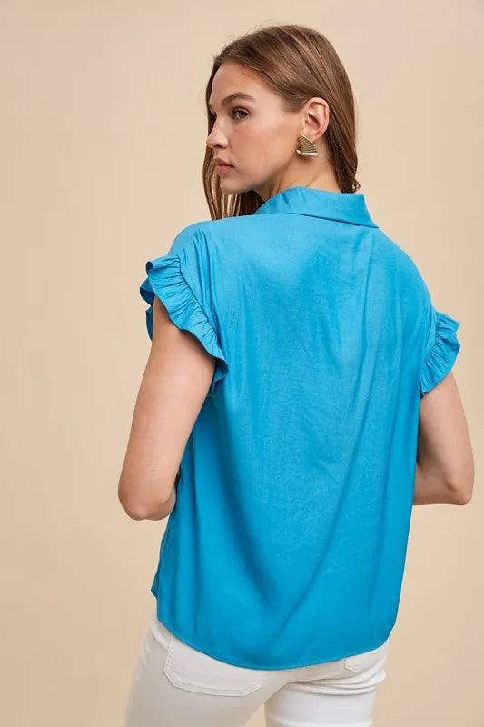Bright Teal Annie Wear Relaxed Fit Ruffle Sleeve Woven Blouse Top