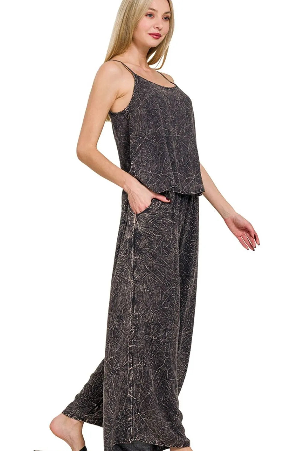 Ash Black Zenana Woven Acid Crinkle Washed Cami Pants 2 Piece Set 2