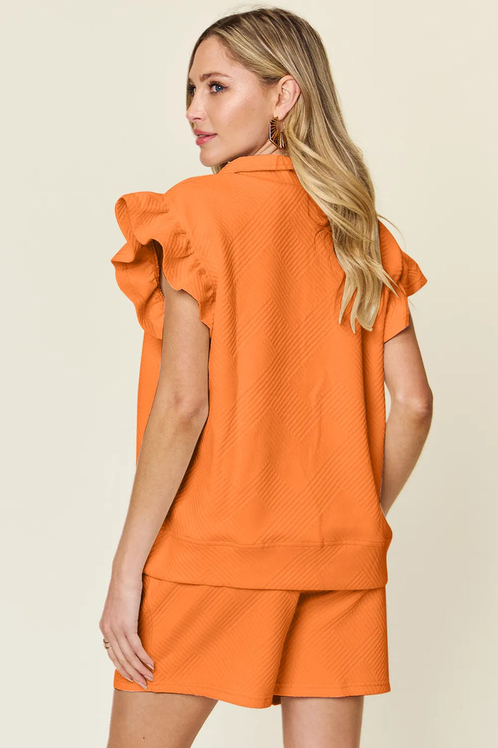 Tangerine Double Take Full Size Texture Flounce Sleeve Top And Drawstring Shorts Set