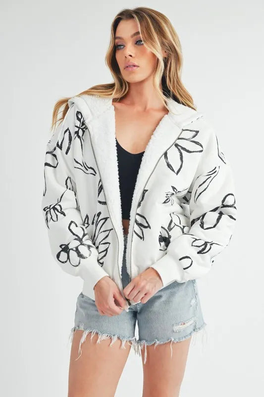 Ivory Aemi Co Flower Print Zip Up Sherpa Hoodie 1