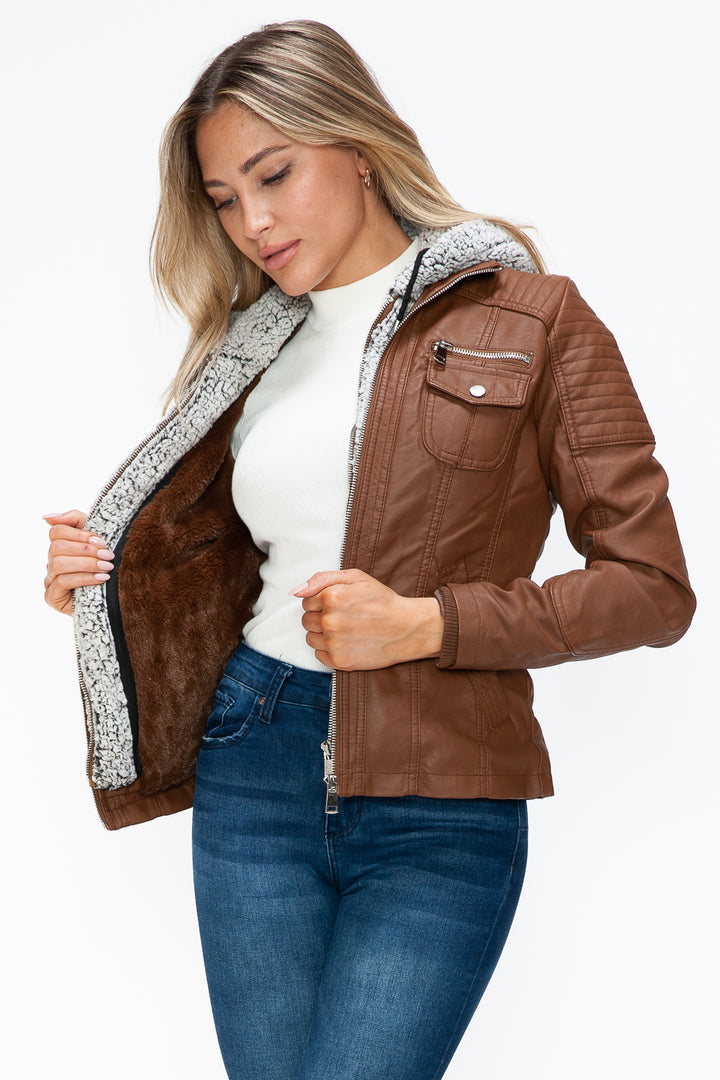 Ymi Removable Faux Layered Multi Pocket Jacket With Fuzzy Hood 2