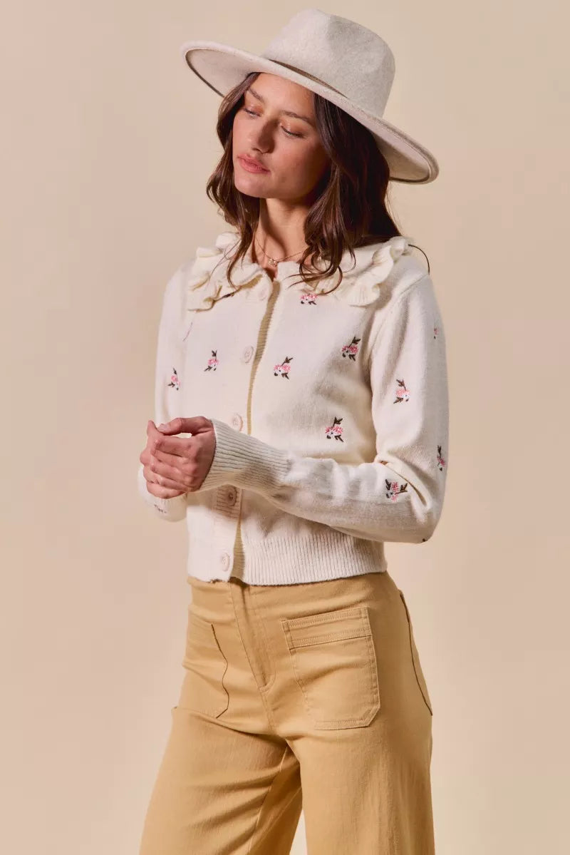 Cream Multi So Me Collared Floral Embroidered Button Down Sweater Cardigan