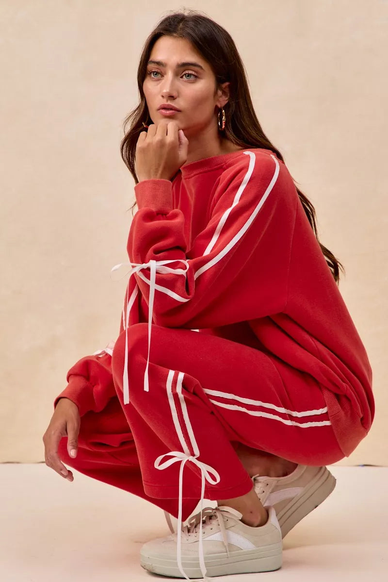 Red Bibi Side Lined Bow Details Fleece Sweatpants
